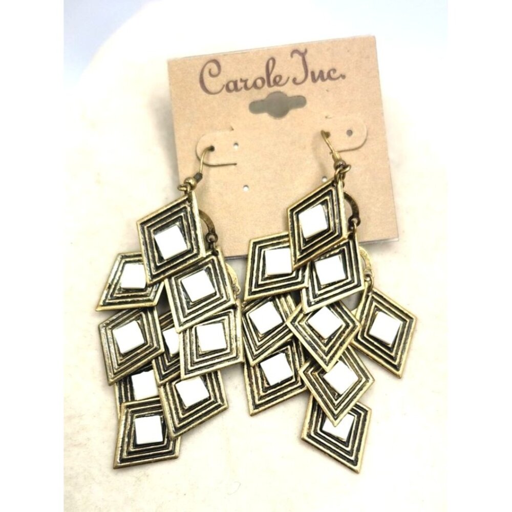 Carole Inc Dangle Earrings With Geometric Diamond Design In Gold & White